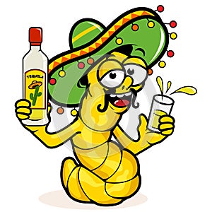 Tequila worm drinking a bottle of tequila. Vector illustration photo