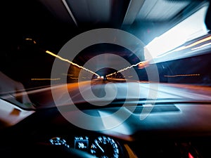 Drunk vision driving car inside tunnel