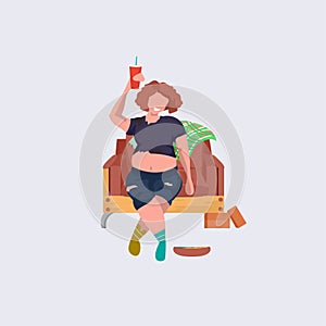 Drunk woman beggar sitting armchair female tramp drinking alcohol homeless jobless concept cartoon character flat full