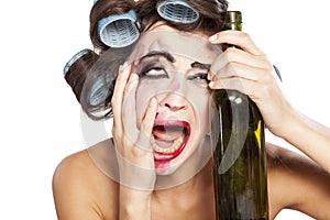 Drunk woman with curlers