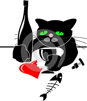 Drunken black cat with red heart and bottle
