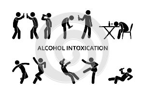 Drunken man behavior, fight, alcohol abuse illustration, stick figure