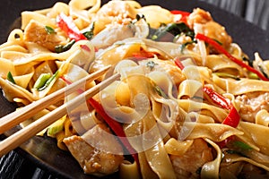 Drunken noodles pad kee mao with chicken, basil, chili pepper and sauce close-up on a plate. horizontal