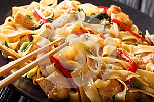 Drunken noodles pad kee mao with chicken, basil, chili pepper and sauce close-up on a plate. horizontal photo