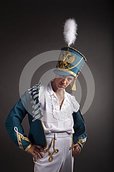 Drunken Russian hussar on gray background