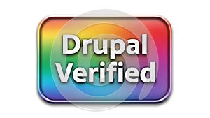 Drupal verified logo with rainbow gradient and white background, isolated