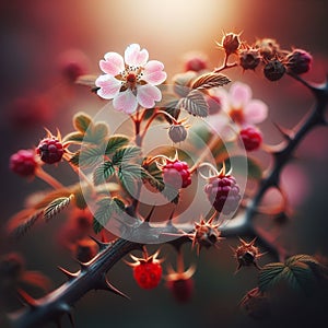 drupe with petals close-up on a branch with needles