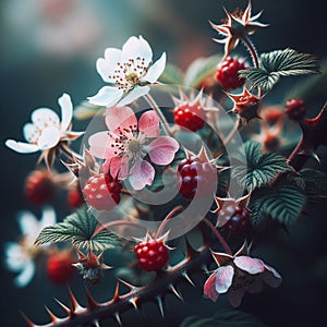 drupe with petals close-up on a branch with needles