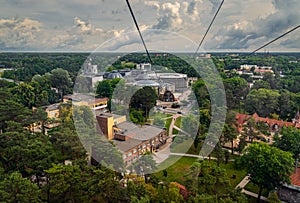 Druskininkai cityscape from cable car, Lithuania, route with amazing city and river views, tourist attraction