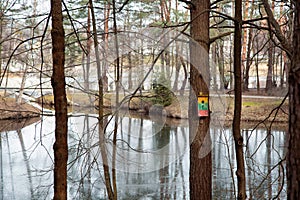 Druskininkai, Lithuania - February 2020: View on Druskininkai Museum over lake Druskonis