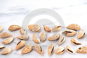 Dry almonds in golden shells are scattered on a white table. Healthy food high in protein, omega-3s, antioxidants and vitamins.