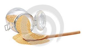 Dry amaranth in wooden scoop and  in glass storage jar isolated on white background