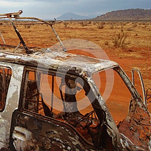 Dry arid area landscape with a burnt out van