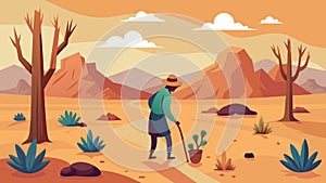 In a dry and arid landscape a lone figure traverses the desert diligently collecting dried cactus and brush to be used