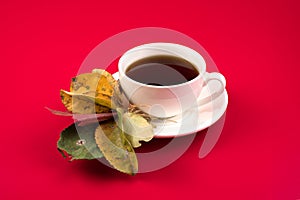 Dry autumn leaves, a Cup of tea and a saucer on a red background. Concept of an autumn greeting card, invitation.