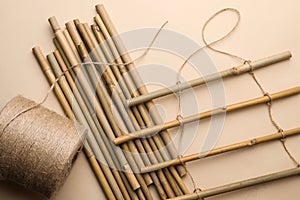 Dry bamboo sticks and twine on beige background, flat lay