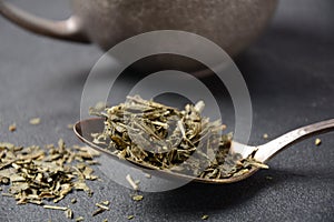 Dry Bancha green tea in a spoon.