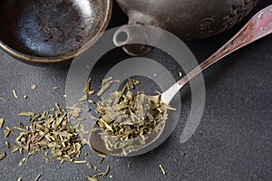 Dry Bancha green tea in a spoon.