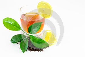 Dry black tea leaves, lemon leafs, tea on glass isolated on white