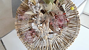 Dry boho flower bouquet. Interior beige wedding plants. Brwon nature material
