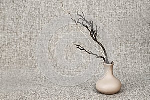 Dry branches dark and light in a clay jug on the background of the canvas - still life in rustic style