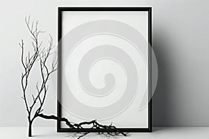 Dry branches of tree roots frame an empty frame. Mockup. AI generated.
