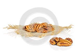 Dry brown pecan nut isolated on white