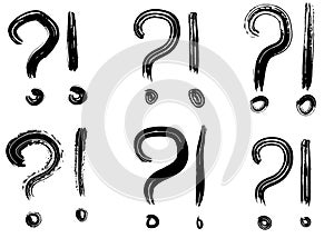 Dry brush strokes, hand drawn vector question marks and exclamation signs.