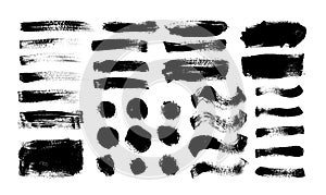 Dry brush strokes vector set. Hand drawn smears, dry stripes, brush lines, black circles and boxes.