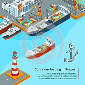 Dry cargo ship with containers. Maritime industrial work. Isometric illustrations