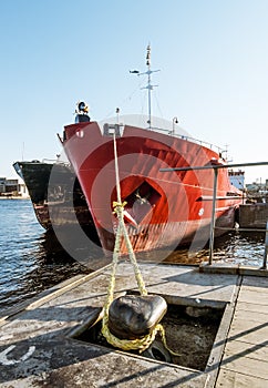 Dry cargo ships docked at Quay Lieutenant Schmidt in St. Petersburg, Russia