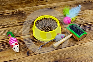 Dry cat food in bowl, cat toys and pet slicker brush  on wooden background. Pet care concept