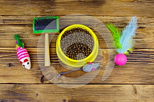 Dry cat food in bowl, cat toys and pet slicker brush on wooden background. Top view. Pet care concept