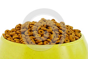 Dry cat food in bowl isolated on white