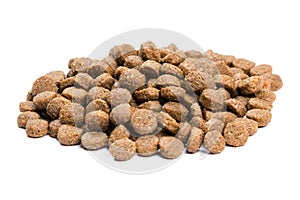 Dry cat food isolated on white background close-up top view