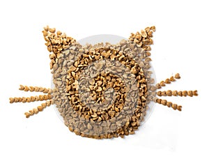 Dry cat food laid out in the form of a cat`s muzzle on a white background