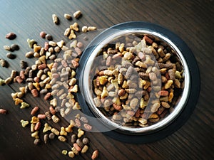 Dry cat food in a stainless steel bowl on wood table.