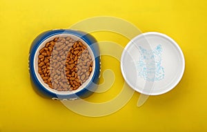 Dry cat food and water in bowl on yellow floor