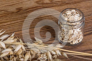 Dry cereal ears detail. Rolled oats in glass jar. Avena sativa