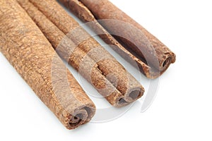 Dry cinnamon three sticks macro isolated with white background