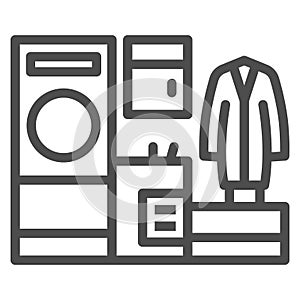 Dry cleaning equipment, washing machine and coat line icon, cleaning concept, laundry vector sign on white background