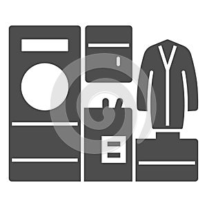 Dry cleaning equipment, washing machine and coat solid icon, cleaning concept, laundry vector sign on white background