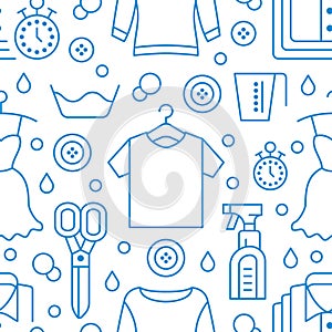 Dry cleaning, laundry blue seamless pattern with line icons. Laundromat service equipment, clothing repair, garment