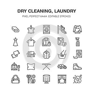 Dry cleaning, laundry flat line icons. Launderette service equipment, washer machine, shoe shine, clothes repair