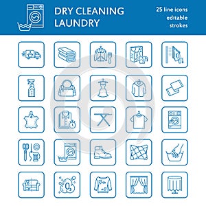Dry cleaning, laundry line icons. Launderette service equipment, washing machine, clothing shoe and leaher repair