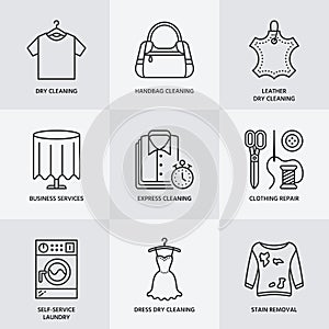 Dry cleaning, laundry line icons. Launderette service equipment, washing machine, clothing shoe and leather repair