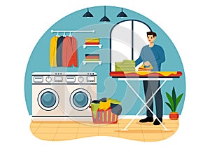 Dry Cleaning Store Service Vector Illustration with Washing Machines, Dryers and Laundry for Clean Clothing in Flat Cartoon