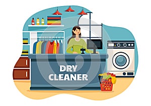 Dry Cleaning Store Service Vector Illustration with Washing Machines, Dryers and Laundry for Clean Clothing in Flat Cartoon