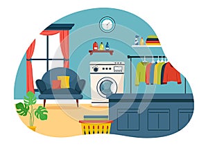 Dry Cleaning Store Service Vector Illustration with Washing Machines, Dryers and Laundry for Clean Clothing in Flat Cartoon