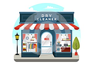 Dry Cleaning Store Service Vector Illustration with Washing Machines, Dryers and Laundry for Clean Clothing in Flat Cartoon